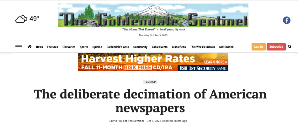 Goldenale Sentinel – The deliberate decimation of American&nbsp;newspapers